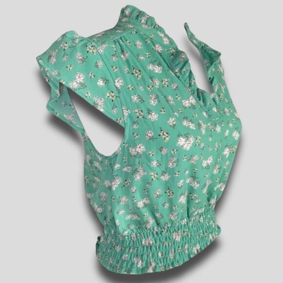 MONTEAU COTTEGECORE HIPPIE BOHO FLORAL FRILL CAP SLEEVE BLOUSE GREEN MEDIUM - Picture 3 of 8